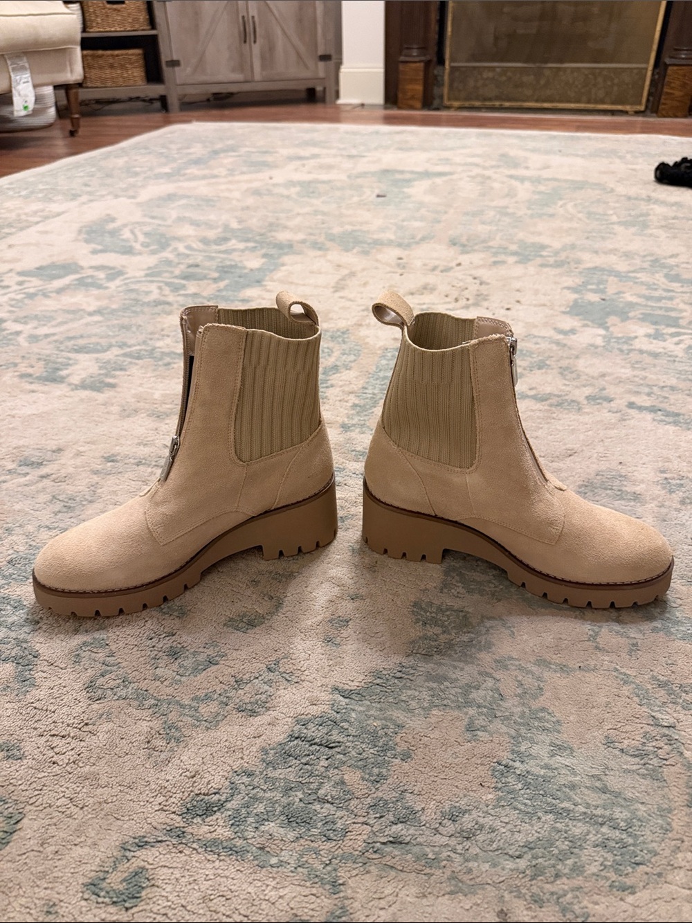 Blondo Light Beige Suede Lug-Sole Chelsea Booties